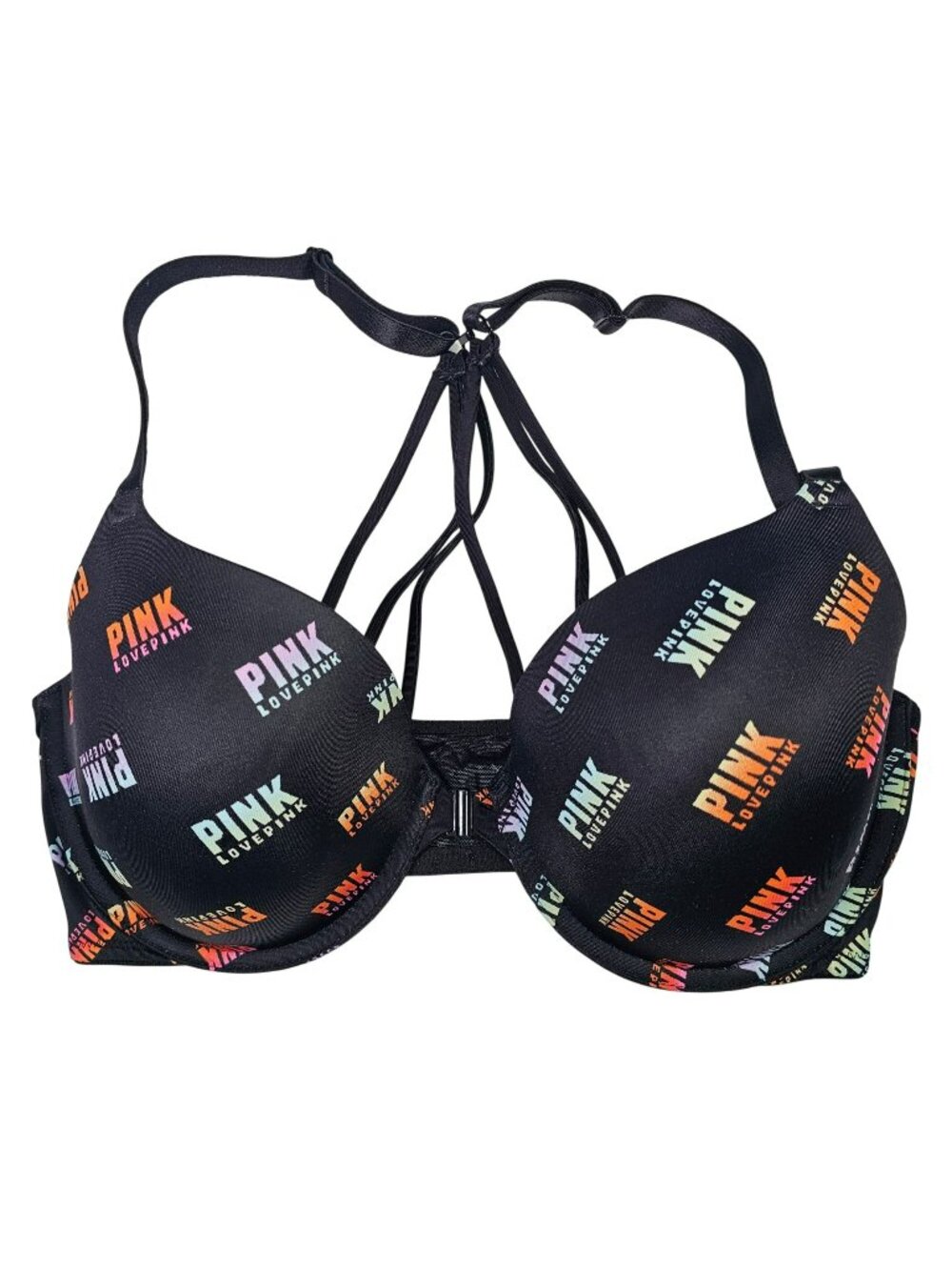 Victorias Secret Pink Lightly Lined Strappy T-Shirt Bra 36D Black All-Over Logos